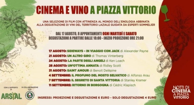 A Piazza Vittorio dal 17 agosto il connubio tra ANEC Lazio e ARSIAL in 8 appuntamenti imperdibili tra cinema e vino.