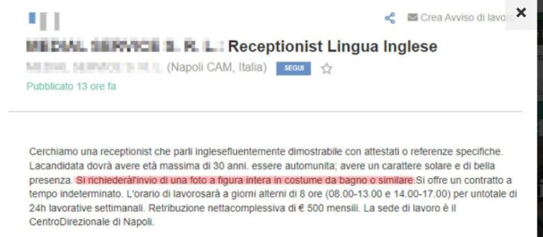 Chiede foto in costume per lavorare come receptionist, azienda napoletana multata.