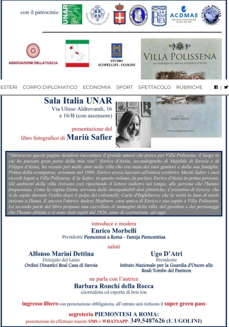 Presentazione del libro: “Villa Polisséna. Da Mafalda di Savoia a Enrico d’Assia”