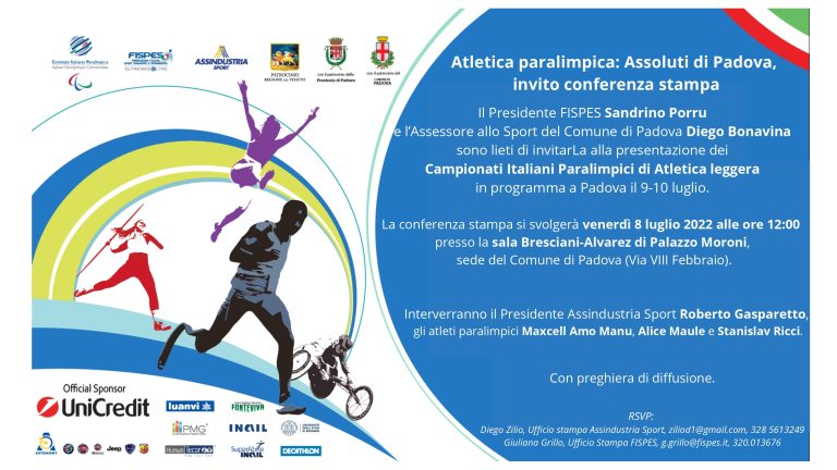 Atletica paralimpica, Assoluti: invito conferenza stampa venerdì 8 luglio a Padova.