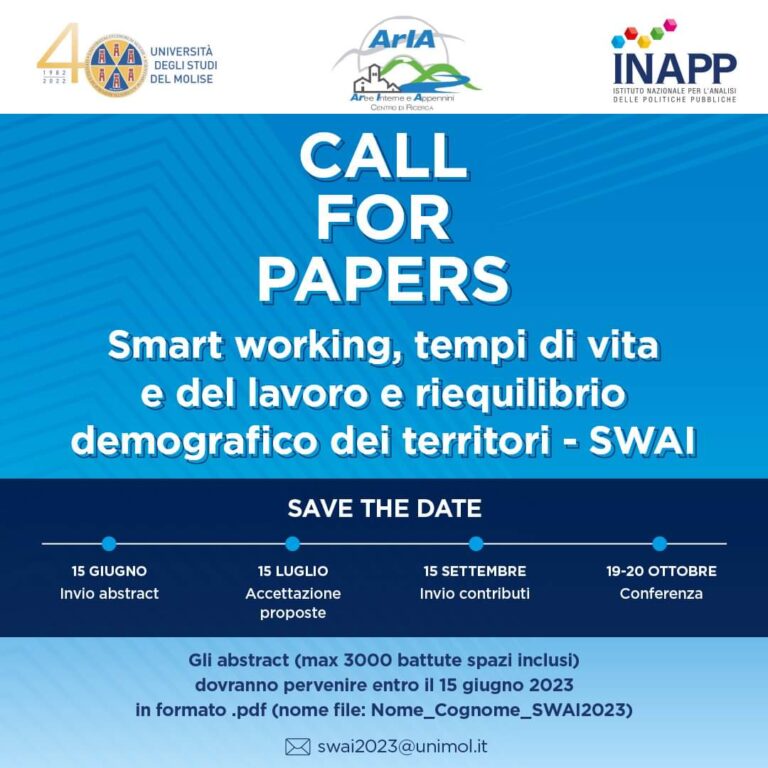 Call for papers “Smart working, tempi di vita e del lavoro e riequilibrio demografico dei territori – SWAI”.