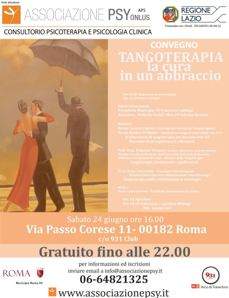 Il 24 giugno 2023 a Roma il Convegno “TANGOTERAPIA la cura in un abbraccio” con l’Associazione Psy ONLUS.