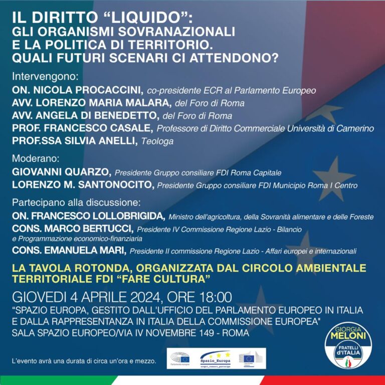 A Roma il 4 aprile 2024 presso la Sala Spazio Europa l’interessante Convegno “Il diritto “liquido: gli organismi sovranazionali e la politica di territorio. Quali futuri scenari ci attendono?”.