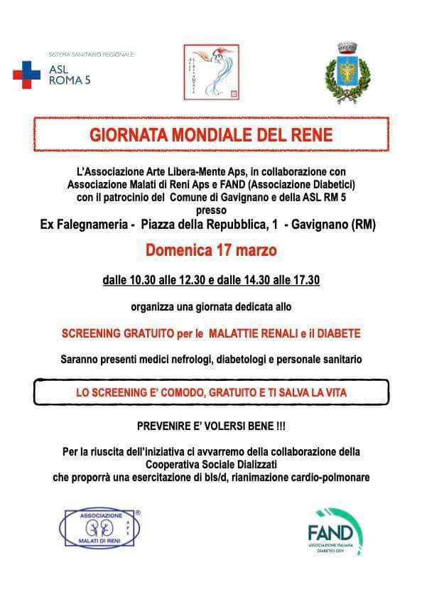 Il 17 marzo 2024 a Gavignano Arte Libera-Mente APS in campo per la prevenzione delle malattie renali e del diabete.