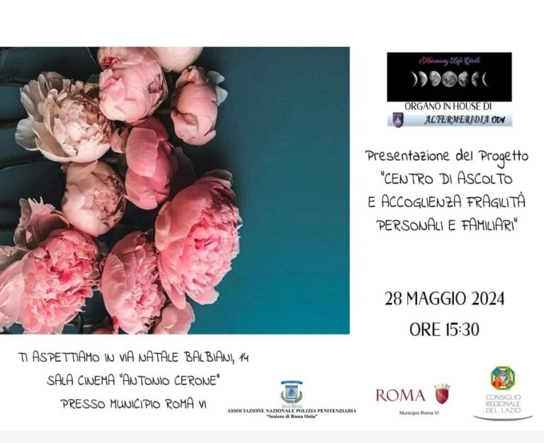Altermeridia ODV sempre in prima linea per il sociale: a Roma il 28 maggio 2024 la presentazione del suo Progetto “Centro di ascolto e accoglienza fragilità personali e familiari” presso il Municipio VI Le Torri.