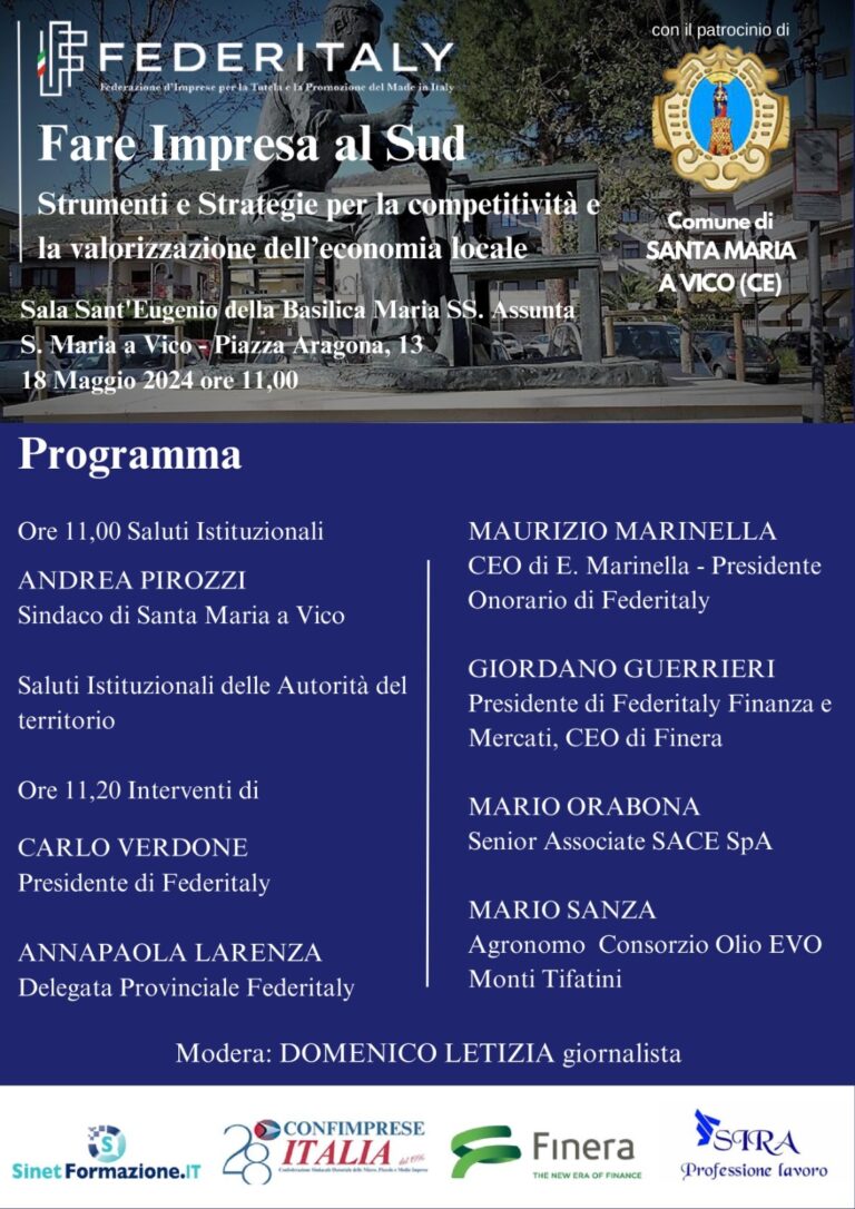 Fare impresa al Sud: evento a Santa Maria a Vico per promuovere strumenti e strategia per la competitività e la valorizzazione dell’economia locale.
