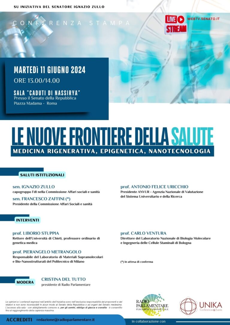 A Roma l’11 giugno 2024 l’interessante conferenza “Le nuove frontiere della salute” presso la Sala Nassiriya del Senato.