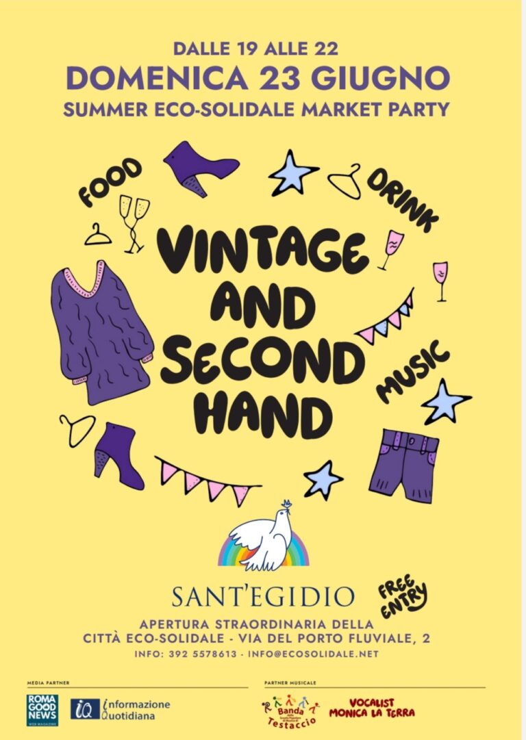 Il 23 giugno 2024 a Roma l’Apertura Straordinaria Serale del Mercatino Eco – Solidale & Vintage di Sant’Egidio.