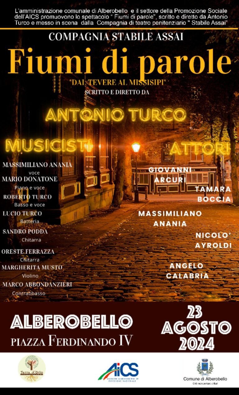 Oggi ad Alberobello (BA) l’intensa rappresentazione teatrale “Fiumi di parole” con la Compagnia Stabile Assai.