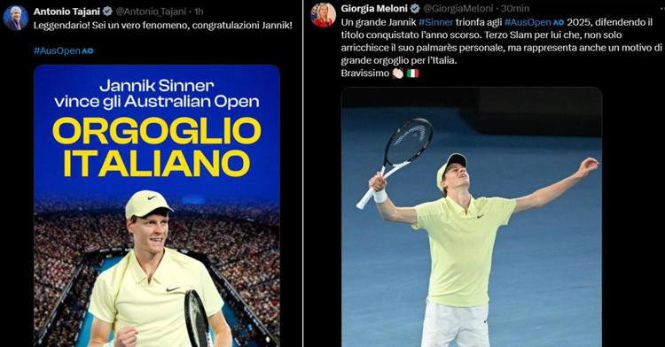 Sinner trionfa agli Australian Open: da Tajani a Meloni, esulta la politica.