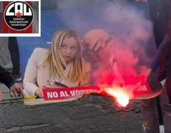 Corteo_no_referendum_bruciata_immagini_Meloni