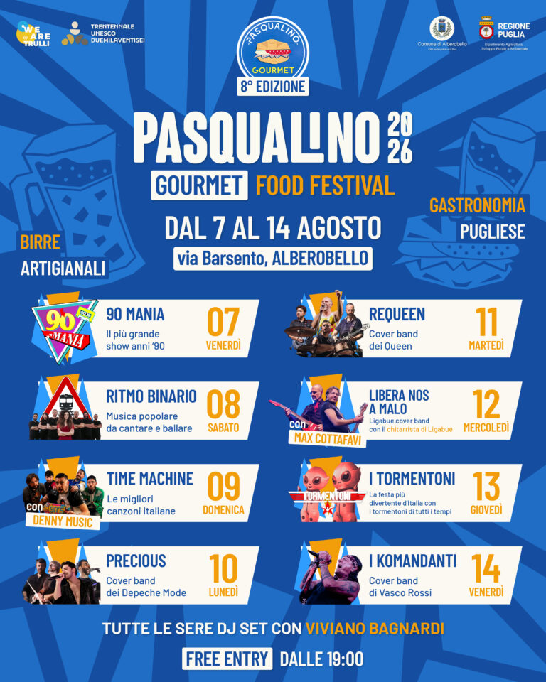 Pasqualino Gourmet 2026: ad Alberobello torna la festa del panino simbolo, nel trentennale del riconoscimento UNESCO.